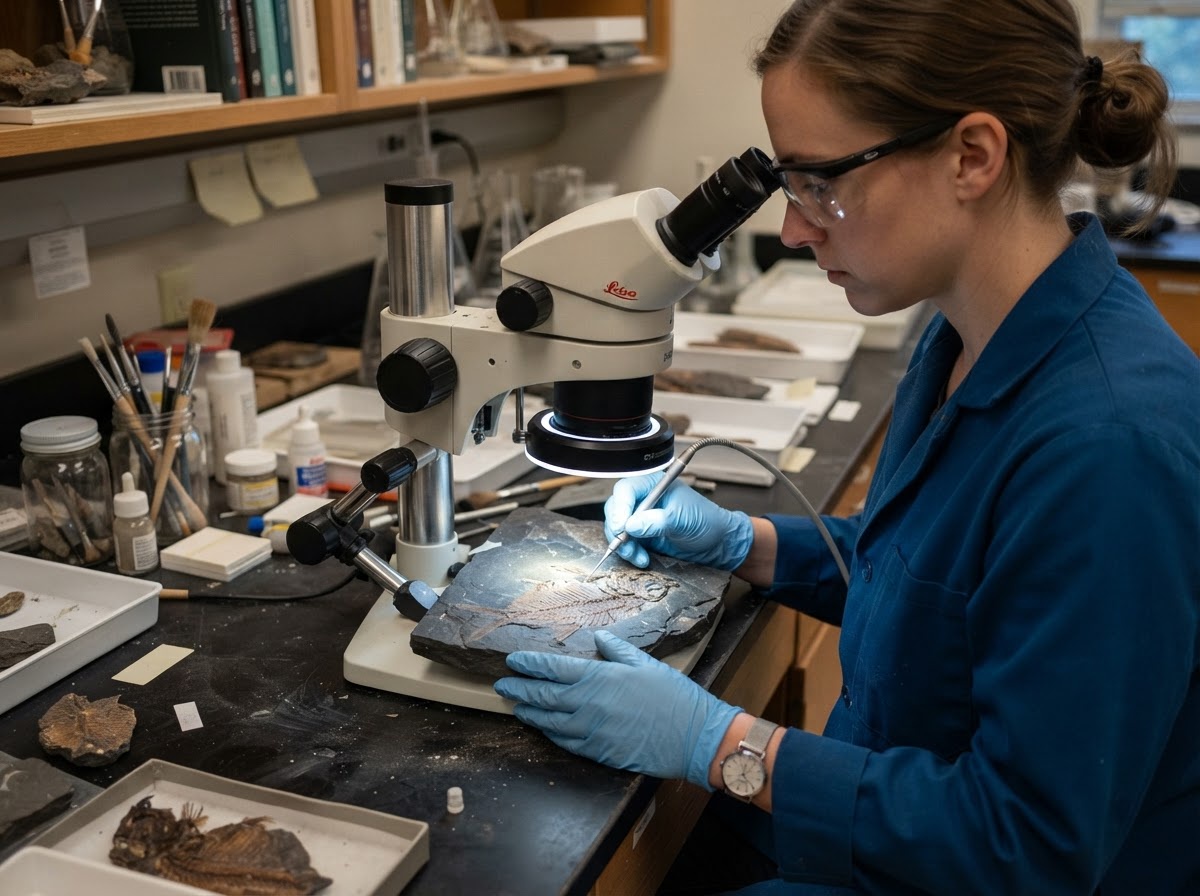 Paleontologist working in lab